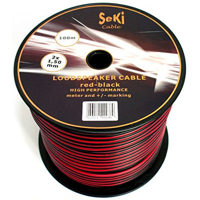 Câble audio Seki pour haut-parleurs, 2 x 1,50 mm², 100 m, rouge et noir, CCA