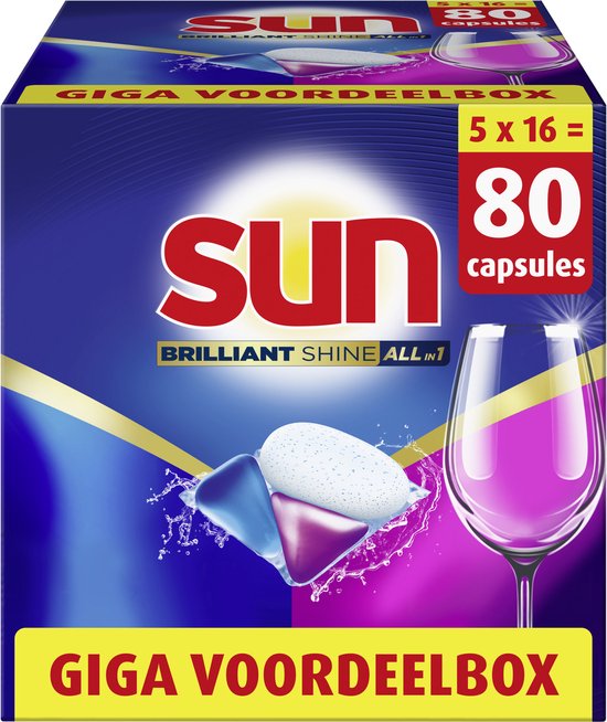 Sun Vaatwascapsules Brilliant Shine - All-in-1 met Active Oxygen+ - Voordeelverpakking 80 Stuks