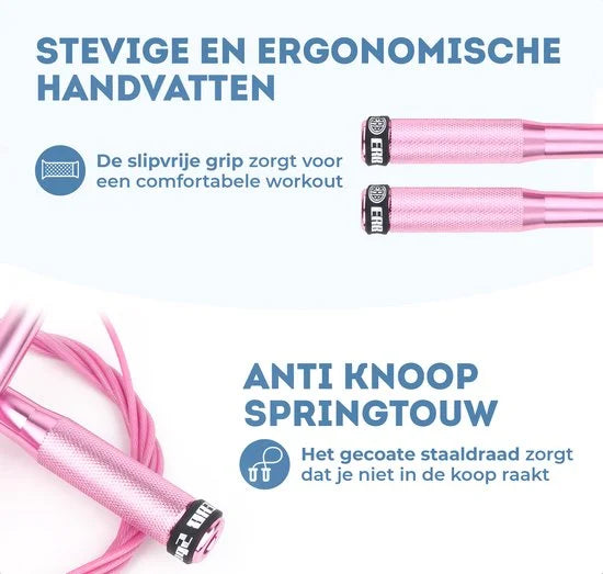 ERB® Professioneel Crossfit & Fitness Springtouw - Speedrope - Jump Rope – Verstelbaar Gewicht - Volwassenen & Kinderen – Roze