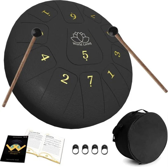 World Living Handpan 30cm- Steel Tongue Drum - Hand Klankschaal incl. Lesboek & Beschermtas - Hangdrum