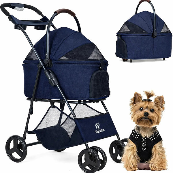 Hondenbuggy met bekerhouder, opbergmand, ademend gaas, dierenvervoerbox