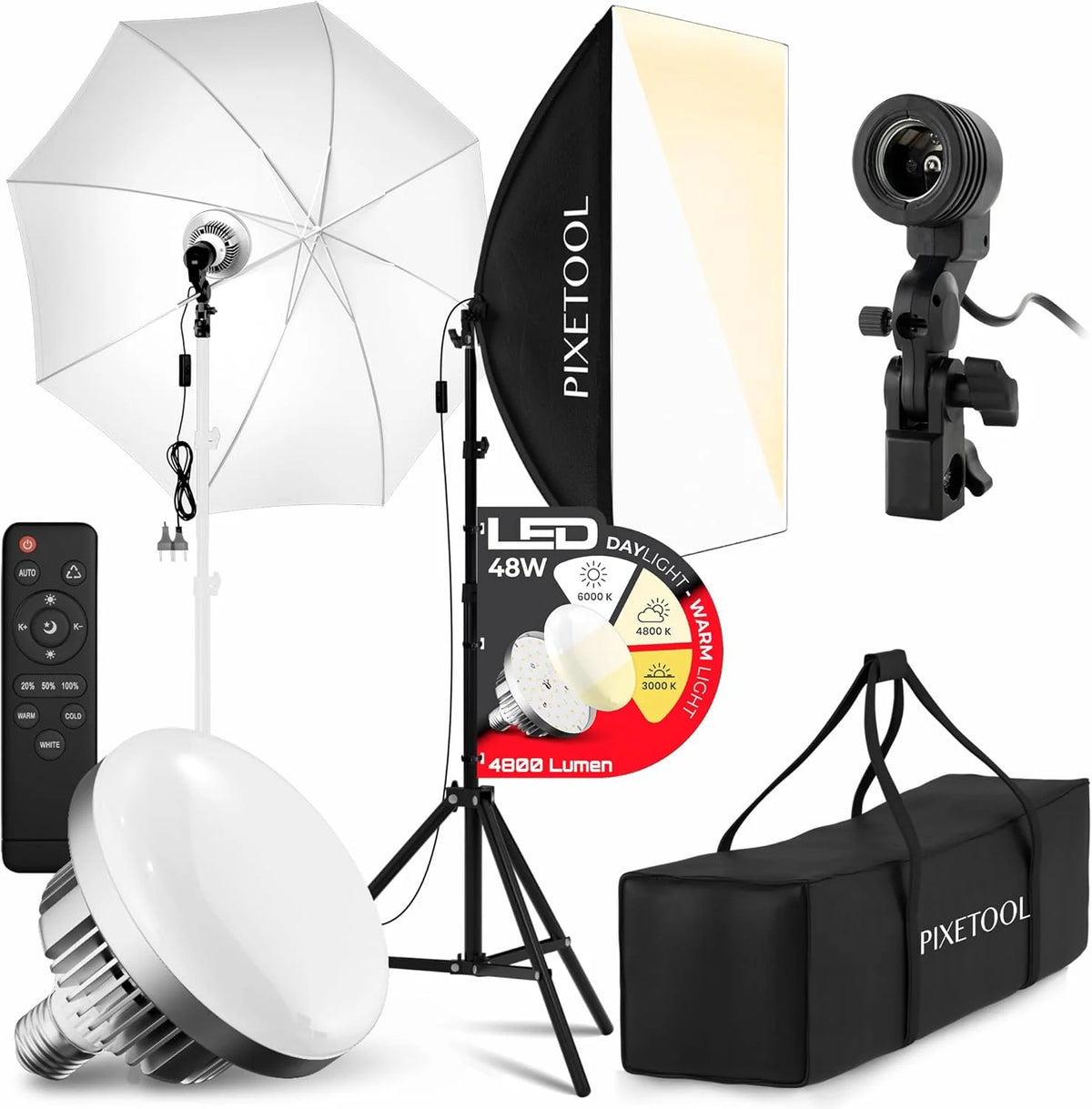 Softbox fotostudio set 50 x 70cm Inclusief flitsparaplu - LED studiolamp 4800 Lumen 3000-6000K - 2m verstelbaar statief