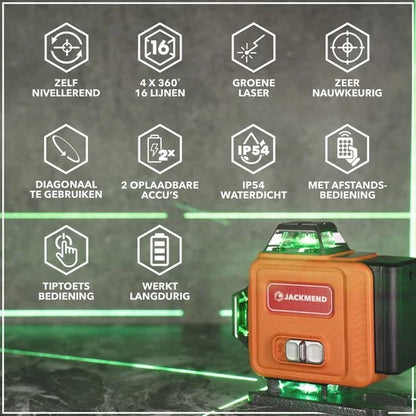 JACKMEND 4D Kruislijnlaser Inclusief Draagkoffer - Zelfnivellerend Bouwlaser met 4 tot 16 Lijnen - 50 Meter Meetbereik - 360 Graden Rotatie Zelfnivellerende Laser