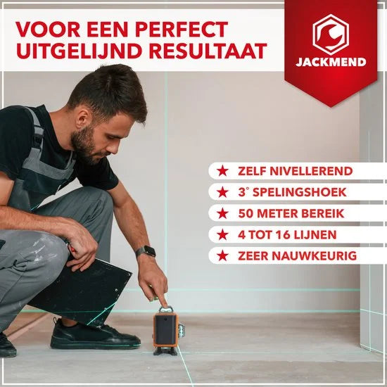 JACKMEND 4D Kruislijnlaser Inclusief Draagkoffer - Zelfnivellerend Bouwlaser met 4 tot 16 Lijnen - 50 Meter Meetbereik - 360 Graden Rotatie Zelfnivellerende Laser