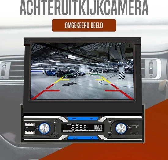 Boscer 1Din Autoradio - Android 10 - Navigatiesysteem - 7' HD Gemotoriseerd klapscherm - 2+32GB - USB, Aux, Bluetooth, WIFI - Achteruitrijcamera