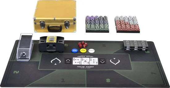 Golden Pokerset 600 Chips - Kaartschudmachine & Pokermat - Pokerkoffer met Kaarten - Pokerkleed - Poker