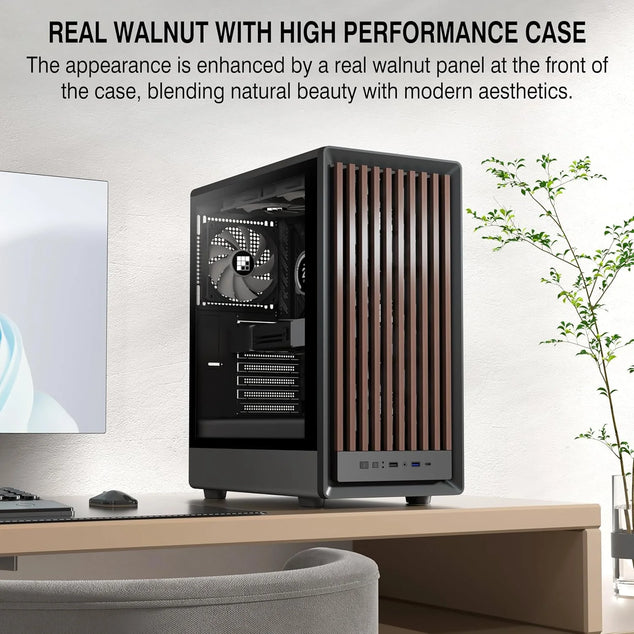 M1 PC behuizing - hout walnoot front, vooraf geïnstalleerde 4 PWM ARGB-ventilator, ATX Mid-Tower gaming pc-behuizing, met type C, zwart (zwart, M1)