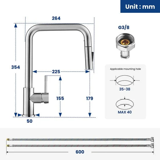 CECIPA max Keukenkraan Met Uittrekbare Uitloop - Handdouche - 2 straalsoorten- -360° Draaibaar - RVS- Flexibele Slang - Zilver