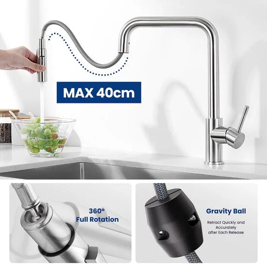 CECIPA max Keukenkraan Met Uittrekbare Uitloop - Handdouche - 2 straalsoorten- -360° Draaibaar - RVS- Flexibele Slang - Zilver