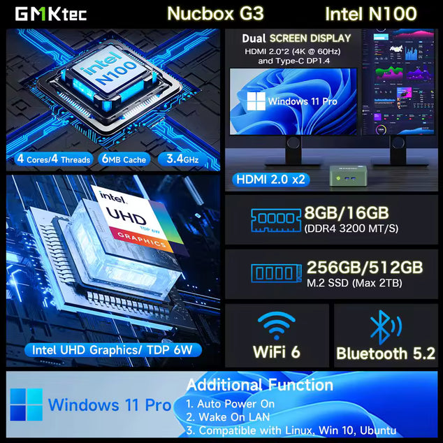 G3 Mini PC Intel Alder Lake N100 Windows 11 Pro Mini PC 8DDR4 256GB PCIe M.2 SSD WiFi 6 BT5.2 Desktop Computer