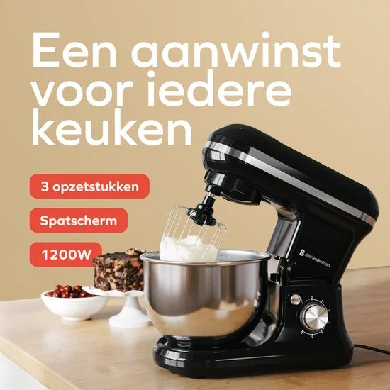 KitchenBrothers 1200W Keukenmachine - Keukenrobot - 5L - Mixer met Mengkom - Keukenmixer - Zwart
