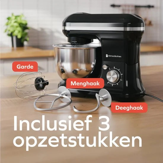 KitchenBrothers 1200W Keukenmachine - Keukenrobot - 5L - Mixer met Mengkom - Keukenmixer - Zwart