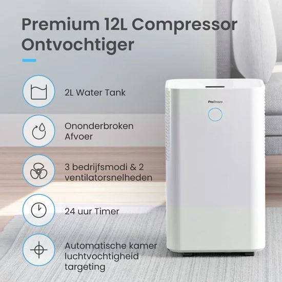 12 L/Dag Luchtontvochtiger – Automatische Vochtigheidssensor en Display – 24-Uurs Timer, Was drogen en Slaapstand – 2L Watertank en Doorlopende Afvoer – Vocht en Schimmel Verwijderen