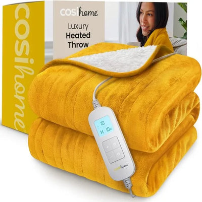 Elektrische Deken – Luxe Fleece en Sherpa Wol - 180 x 130 cm Warmtedeken met 10 Warmtestanden, 10-Uurs Timer en Oververhittingsbeveiliging – Machinewasbaar – Mosterd
