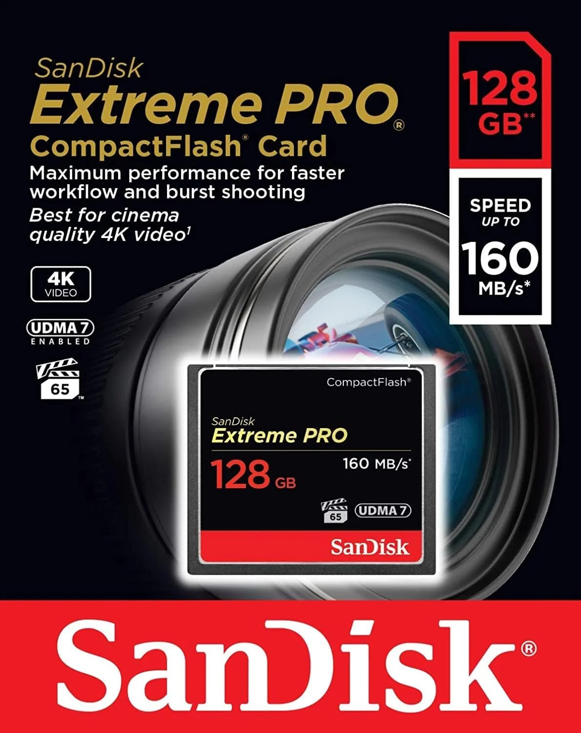 Extreme PRO CompactFlash-Geheugenkaart 128 GB (Overdrachtssnelheden Tot 160 MB/s Lezen En 150 MB/s Schrijven, VPG-65, RescuePRO Deluxe) Zwart