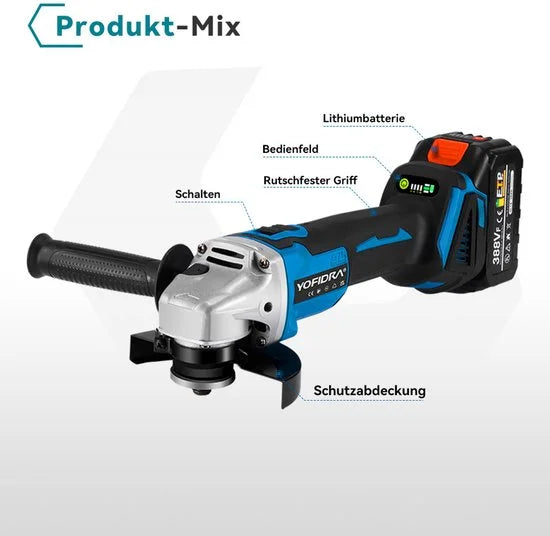 Yofidra Haakse slijper - Ø125MM Draadloze Slijptol - Elektrische Slijpmachine - Borstelloze Motor - met 2x Accu - 8500 tpm - voor snijden, slijpen en polijsten