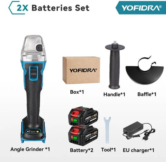 Yofidra Haakse slijper - Ø125MM Draadloze Slijptol - Elektrische Slijpmachine - Borstelloze Motor - met 2x Accu - 8500 tpm - voor snijden, slijpen en polijsten