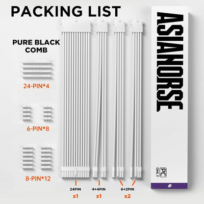 PSU kabel verlenging, PC kabel kit voor GPU/CPU, 18AWG voedingskabelverlengingen met kabelkammen, 24PIN/(6+2) PIN/(4+4) PIN kabelmanagement, 30CM, Puur Wit