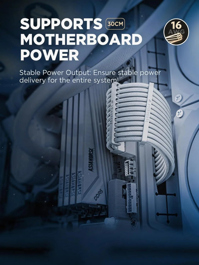 PSU kabel verlenging, PC kabel kit voor GPU/CPU, 18AWG voedingskabelverlengingen met kabelkammen, 24PIN/(6+2) PIN/(4+4) PIN kabelmanagement, 30CM, Puur Wit