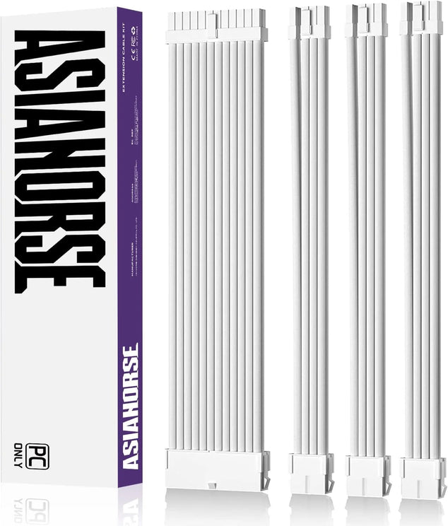 PSU kabel verlenging, PC kabel kit voor GPU/CPU, 18AWG voedingskabelverlengingen met kabelkammen, 24PIN/(6+2) PIN/(4+4) PIN kabelmanagement, 30CM, Puur Wit