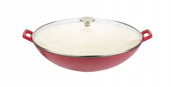 wok gietijzer o 36 cm kleur rood met glazen deksel