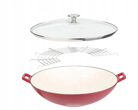 wok gietijzer o 36 cm kleur rood met glazen deksel
