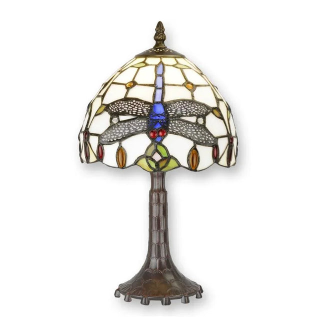 Tiffany stijl tafellamp met kleurrijke glas-in-lood details