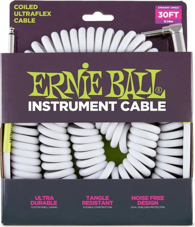 6045 gekrulde instrumenten kabel 9 m wit 1x haaks, 1x recht jack 6,35 mm