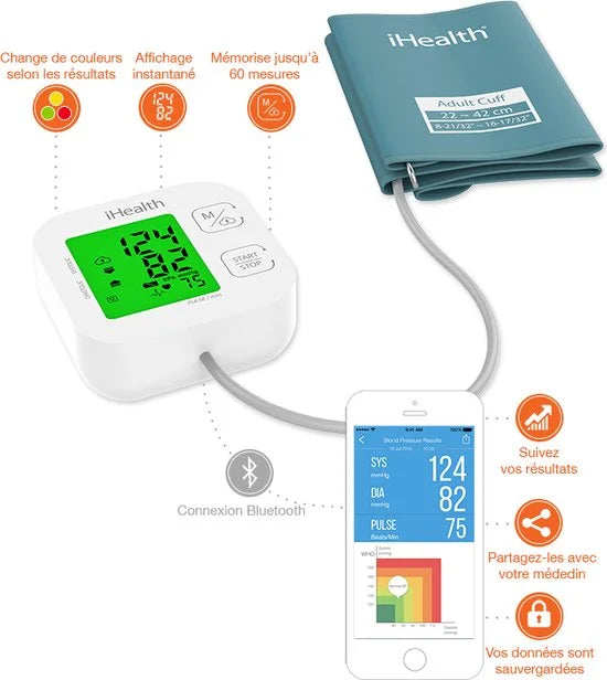 Track KN-550BT - Bloeddrukmeter Bovenarm Hartstichting - Klinisch Gevalideerd - Hartslagmeter - Smartphone App - Onregelmatige Hartslag - WHO Stoplicht Indicator - Manchet 22 - 42 cm