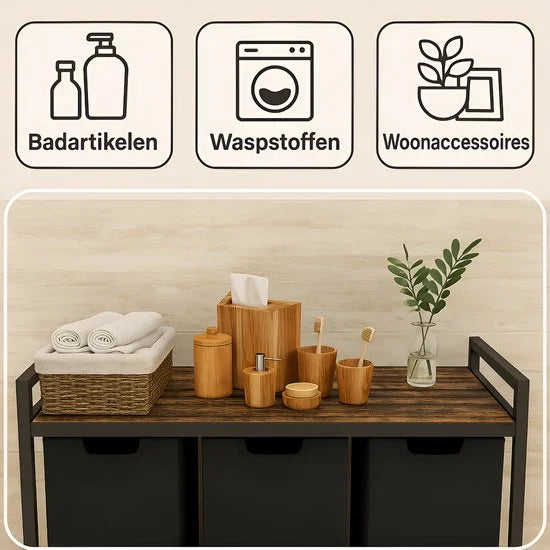Wasmand 3 Vakken - Wassorteerder - Uitschuifbaar met plank - Eenvoudige Montage - 92.5 x 33 x 71 cm - 114L Capaciteit - 3 Zakken - Bruin Hout - Zwart Metaal - Wasmanden - Wasbox