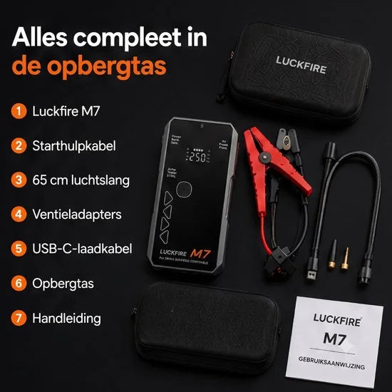 M7 Jumpstarter met Compressor voor Auto 12V - SmartIgnition, TÜV, 150 PSI, Powerbank, LED Zaklamp, SOS Noodlicht, incl. Opbergtas