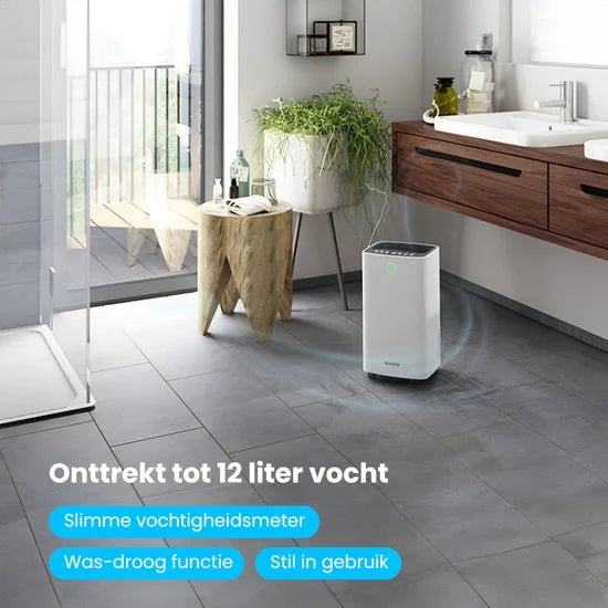 Luchtontvochtiger - Compact Series - 12L per dag - 2L Waterreservoir - Was-droog functie - Slaapkamer, Badkamer en Woonkamer - Vochtopnemer voor in Huis - Dehumidifier - Wit