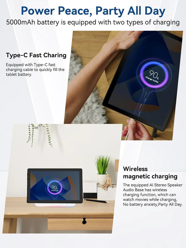 Tablet 10 inch with eight-core Android 14, 14 GB RAM + 64 GB ROM, AI cloud album and 8 kinds of white noise, 5 MP + 8 MP camera, Wi-Fi 6 and BT 5.3 (Black)