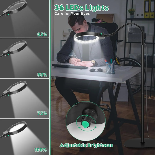 5X 10X vergrootglas met licht en standaard, 2-in-1 vergrootlamp met 36 instelbare helderheids-LED's, flexibele zwanenhals staande vergrootlamp voor nauwkeurig werk, knutselen, lezen