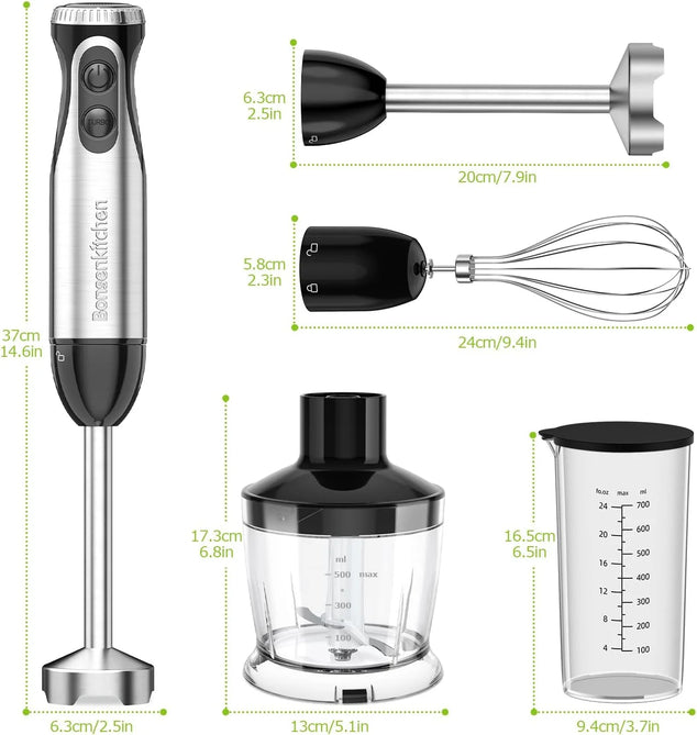 Pureerstaaf, 4-en-1 staafmixer elektrisch, 1000 W, traploze snelheden, roestvrij staal, garde, 500 ml hakbeker en 700 ml maatbeker voor babyvoeding, HB3203 (zwart)