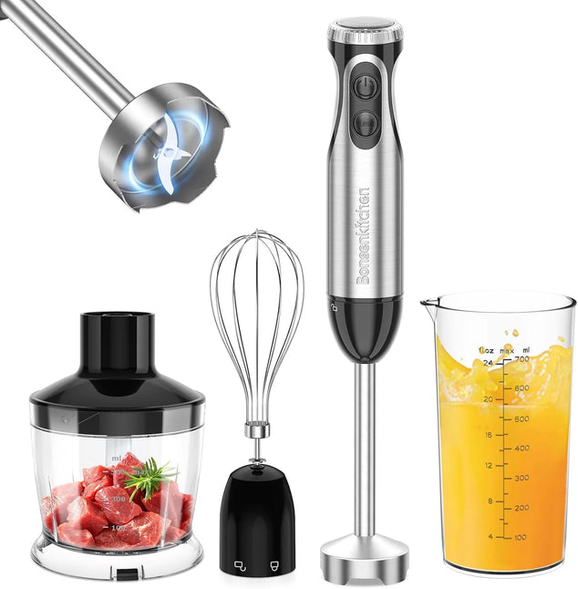 Pureerstaaf, 4-en-1 staafmixer elektrisch, 1000 W, traploze snelheden, roestvrij staal, garde, 500 ml hakbeker en 700 ml maatbeker voor babyvoeding, HB3203 (zwart)