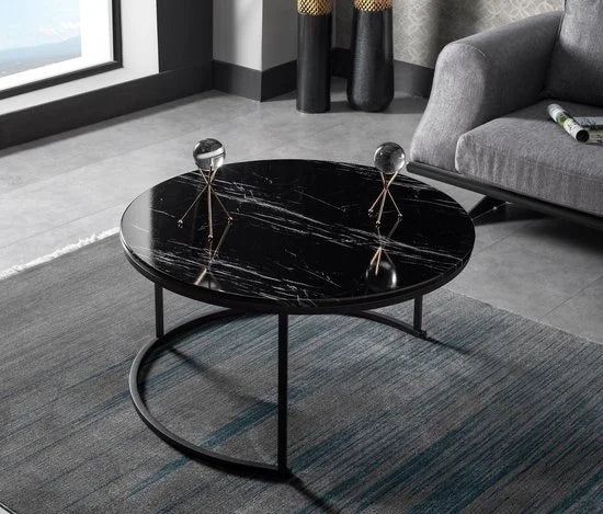 Salontafel Set van 2 - Marmer Look - Ø80 / Ø 80 / Ø 45 cm Black - Bijzettafel - Tafel Rond - Marmerlook MDF