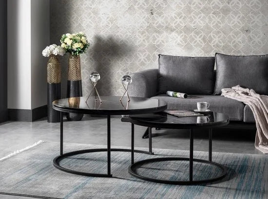 Salontafel Set van 2 - Marmer Look - Ø80 / Ø 80 / Ø 45 cm Black - Bijzettafel - Tafel Rond - Marmerlook MDF