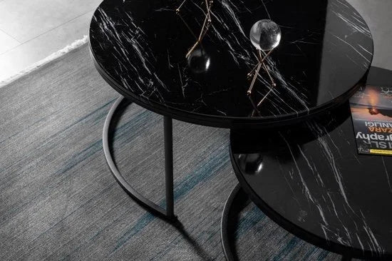 Salontafel Set van 2 - Marmer Look - Ø80 / Ø 80 / Ø 45 cm Black - Bijzettafel - Tafel Rond - Marmerlook MDF
