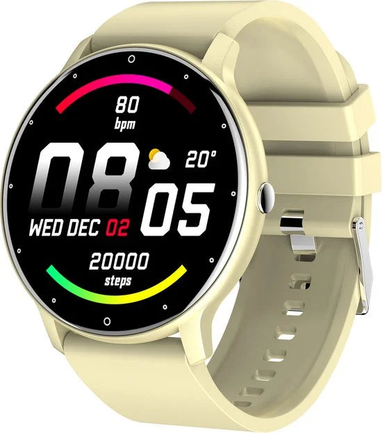 Fit 5 - Smartwatch dames - Smartwatch Heren - Stappenteller - Full Screen - Fitness Tracker - Activity Tracker - Smartwatch Android & IOS - crème