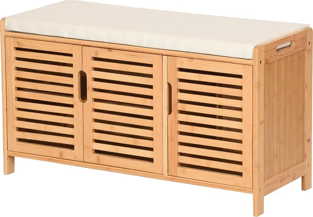 Bamboe schoenenkast met bankje Schoenenbank met 3 vakken Zitkussen Schoenenkast Opbergkast voor gang Hal 50x90x35cm Beige