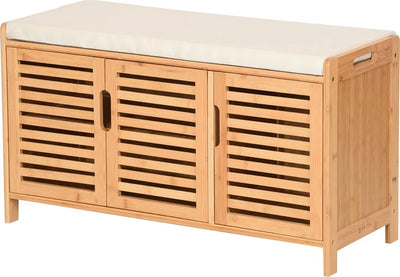 Bamboe schoenenkast met bankje Schoenenbank met 3 vakken Zitkussen Schoenenkast Opbergkast voor gang Hal 50x90x35cm Beige