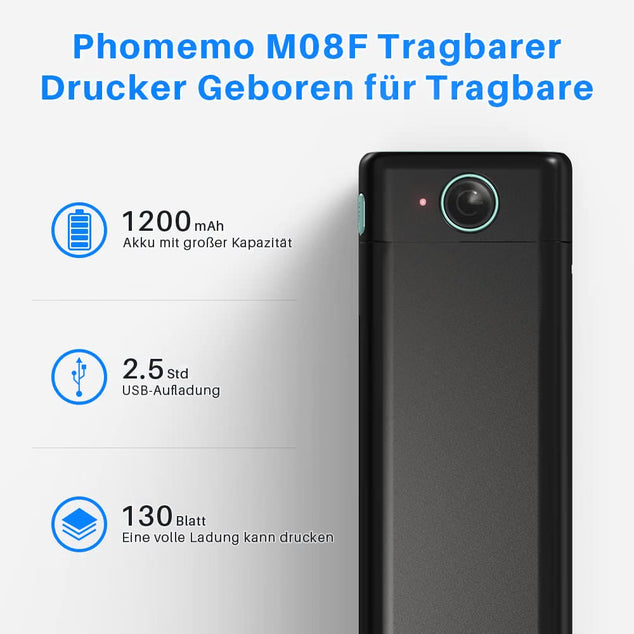 M08F Thermal Printer - Draagbare Draadloze A4 Mobiele Printers voor Thuisgebruik Kantoor, Bluetooth Inkless Printer Compatibel met Laptops & Smartphone,Zwart