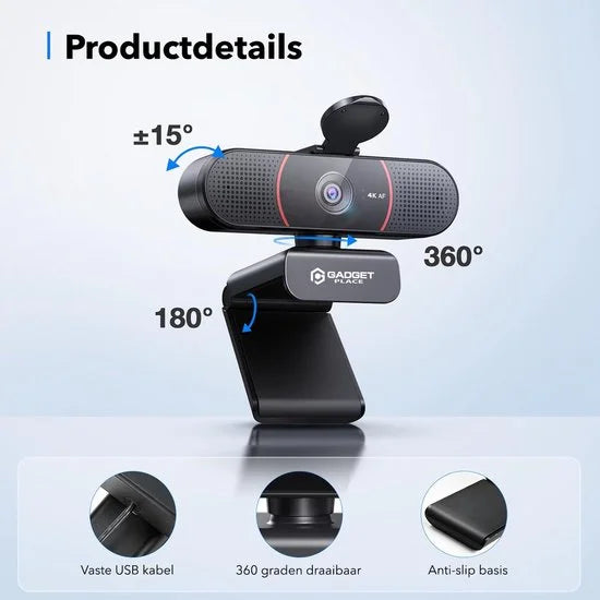 4K Ultra HD Pro Webcam met Ruisvrije Microfoon - Incl. Webcam Cover en USB Adapter - Voor Laptop en PC - Windows en Mac