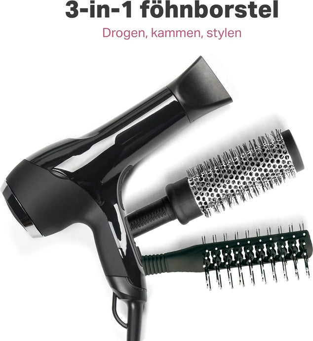 3-in-1 Föhnborstel - Airstyler - Stijlen, Krullen en Extra Volume - Multistyler - Krulborstel - Warmteborstel - 360 Flow - 1000W - Ø 45 mm - Zwart/Roze