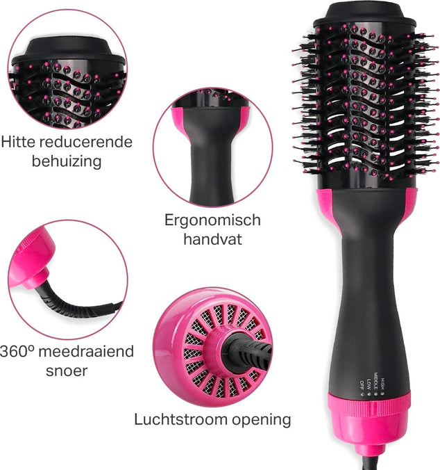 3-in-1 Föhnborstel - Airstyler - Stijlen, Krullen en Extra Volume - Multistyler - Krulborstel - Warmteborstel - 360 Flow - 1000W - Ø 45 mm - Zwart/Roze