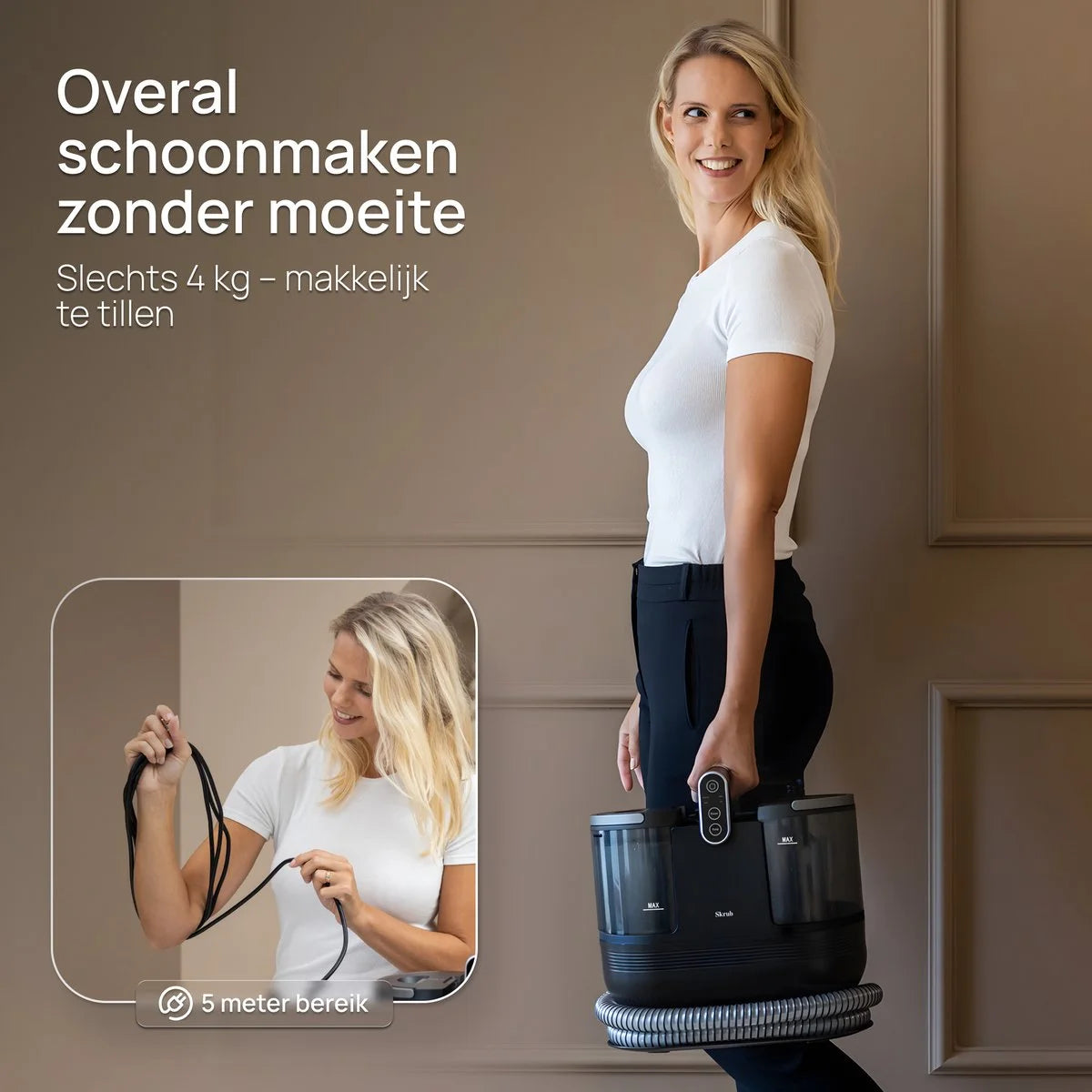 Skrub Tapijtreiniger 1300W – Verwarmbaar tot 60°C – Compacte Vlekkenreiniger – Bank reiniger – Meubel- & Zetelreiniger