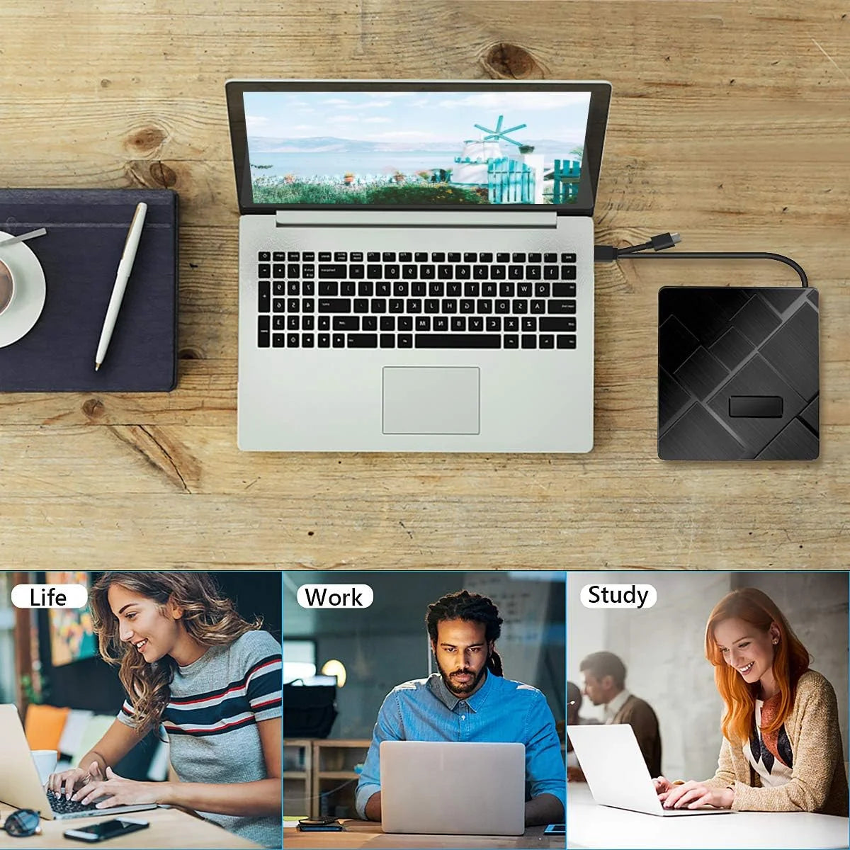 BEVA External DVD CD Drive, USB 3.0 & Type C CD/Dvd +/- RW burner with SD/TF Card Reader Portable Disk Player Rewriter for laptop, desktop Mac.