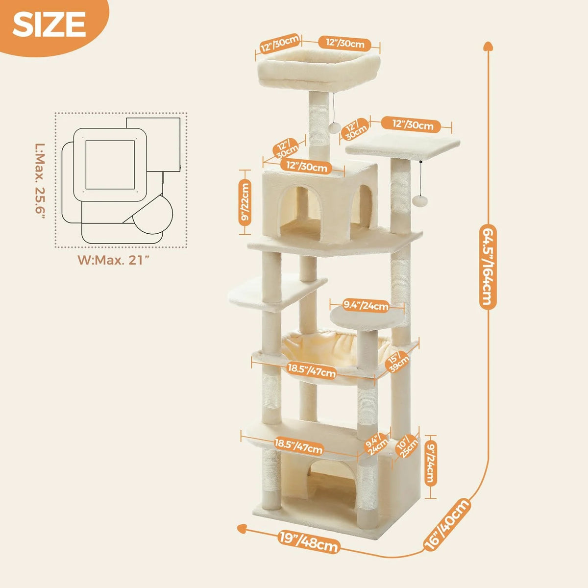 PAWZ Road 164 cm krabpaal voor katten - beige kattentoren met hangmat