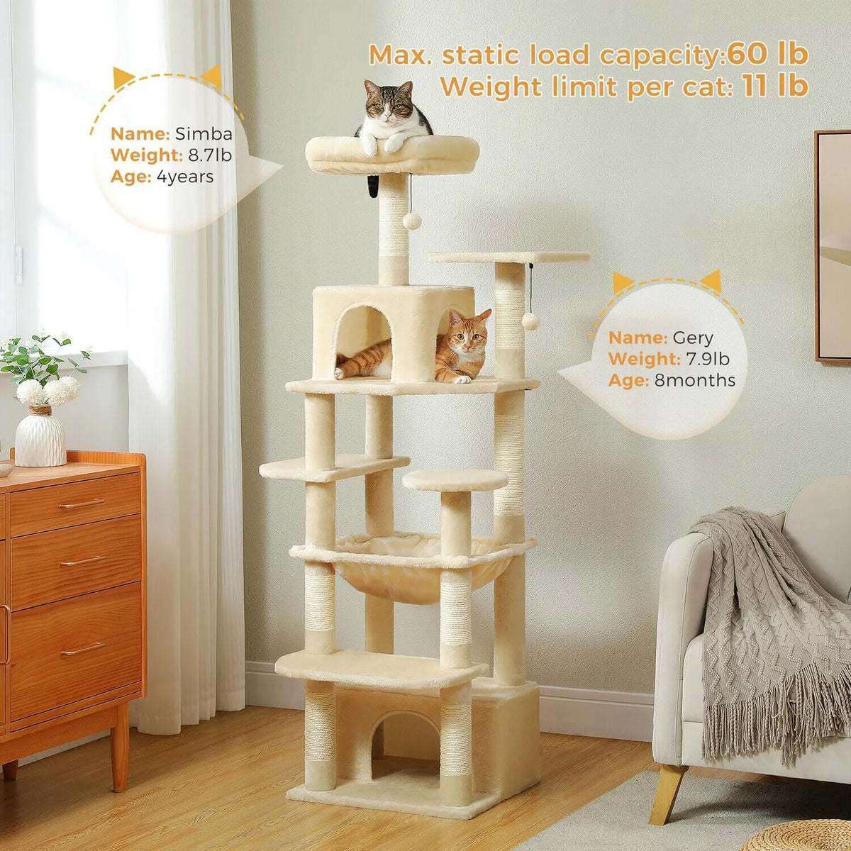 PAWZ Road 164 cm krabpaal voor katten - beige kattentoren met hangmat